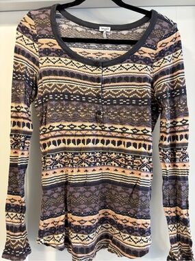 Splendid Multi-Pattern Long-Sleeve Henley Top in Lavender and Cream